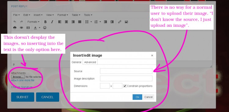 Inserting images has no way to upload for an average user.